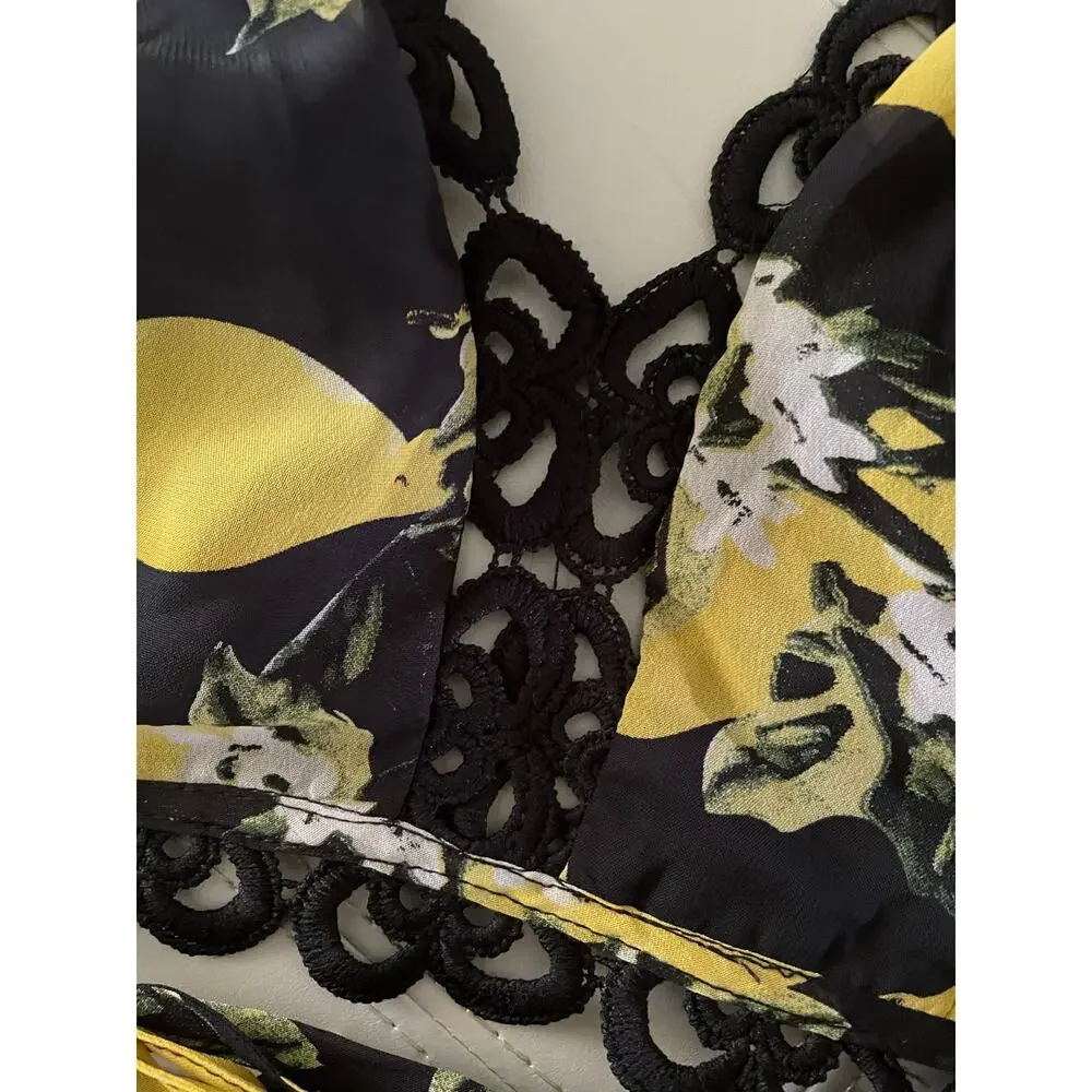 Miss Avenue Coquette Lemon Print Short Set Black Crochet Halter Lounge sz Large